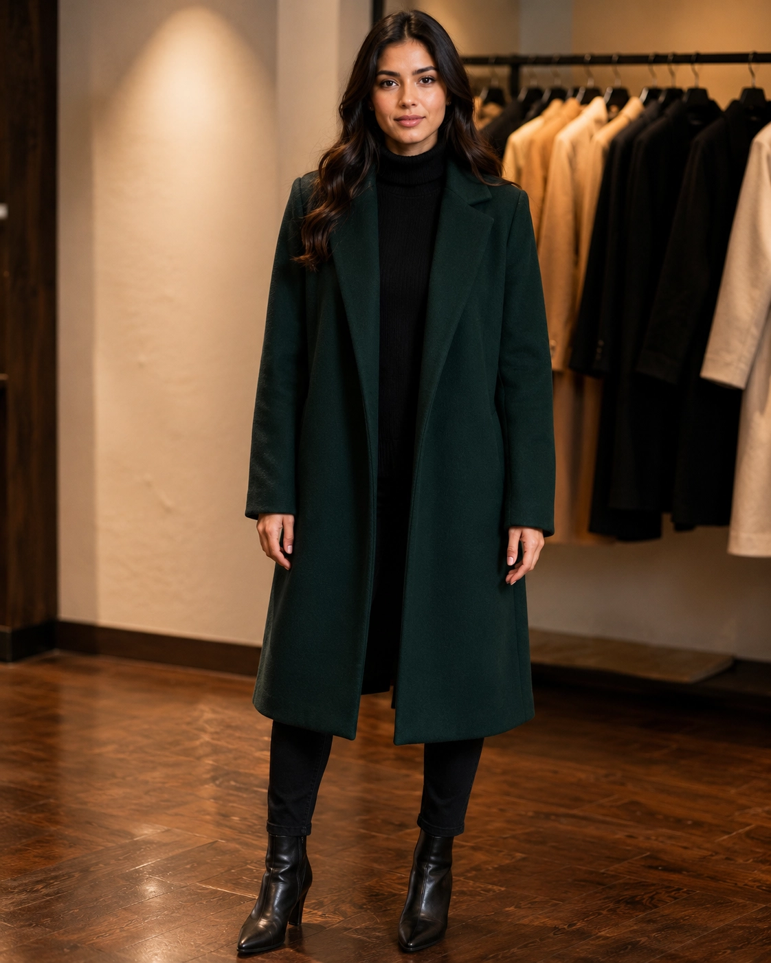 Forest Green Long Wool-Blend Coat