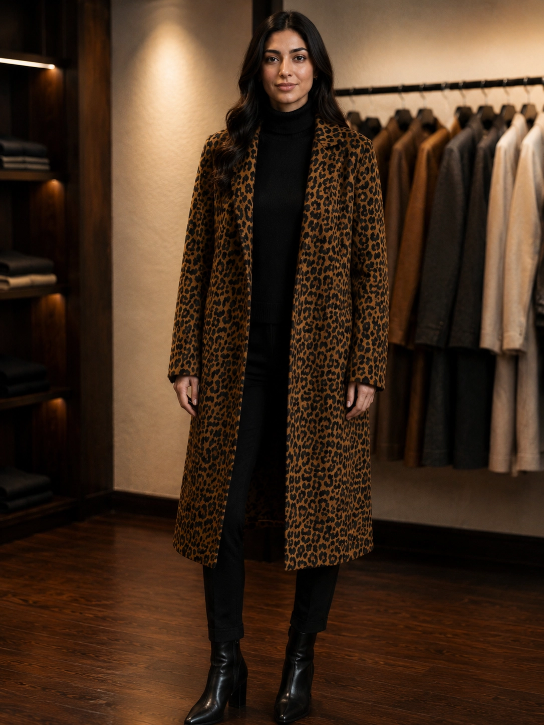 Leopard Print Long Wool-Blend Coat