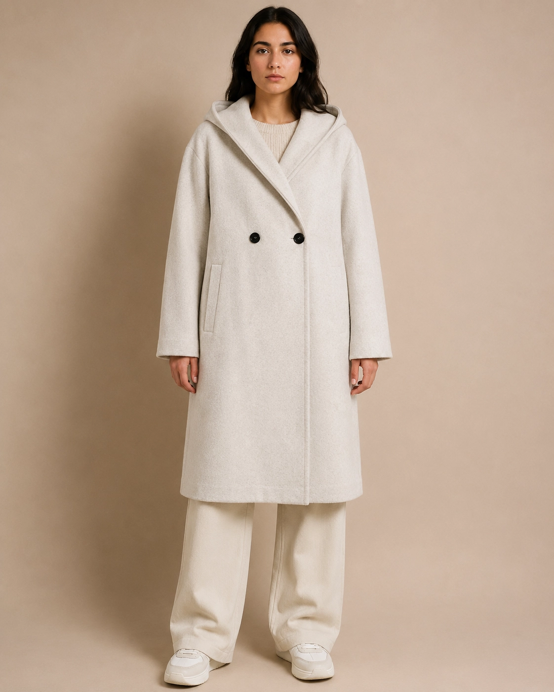 Ivory Heather Oversized Hooded Wool-Blend Coat
