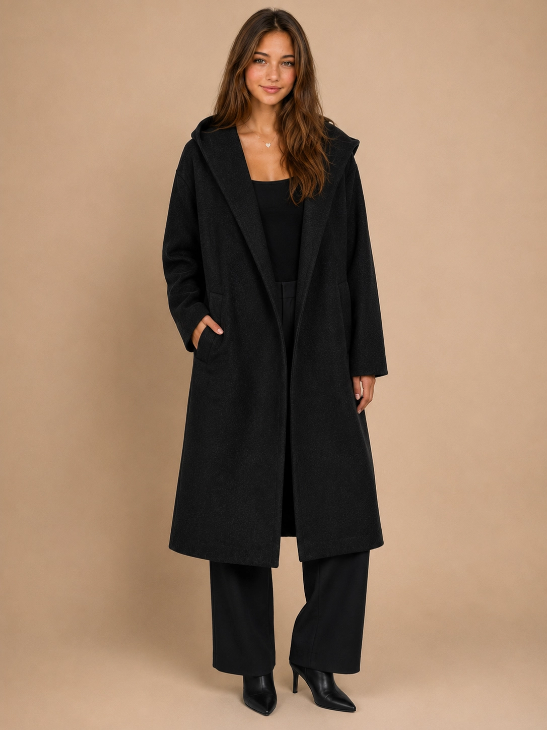 Black Heather Oversized Hooded Wool-Blend Coat