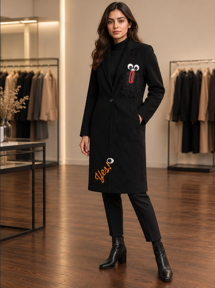 Pancoat Black Embroidered Statement Overcoat