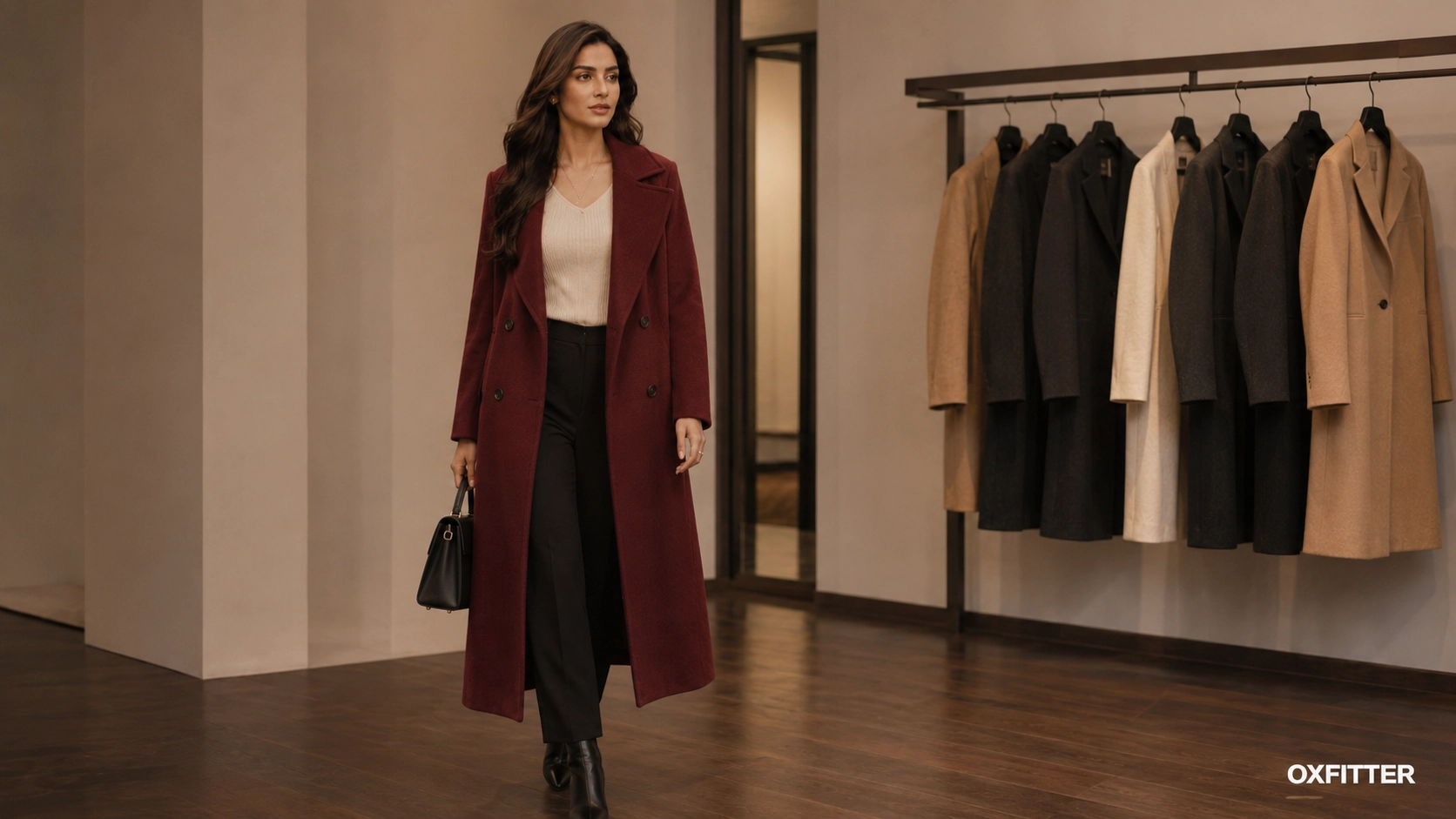Woman pairing a burgundy long coat with a neutral winter outfit