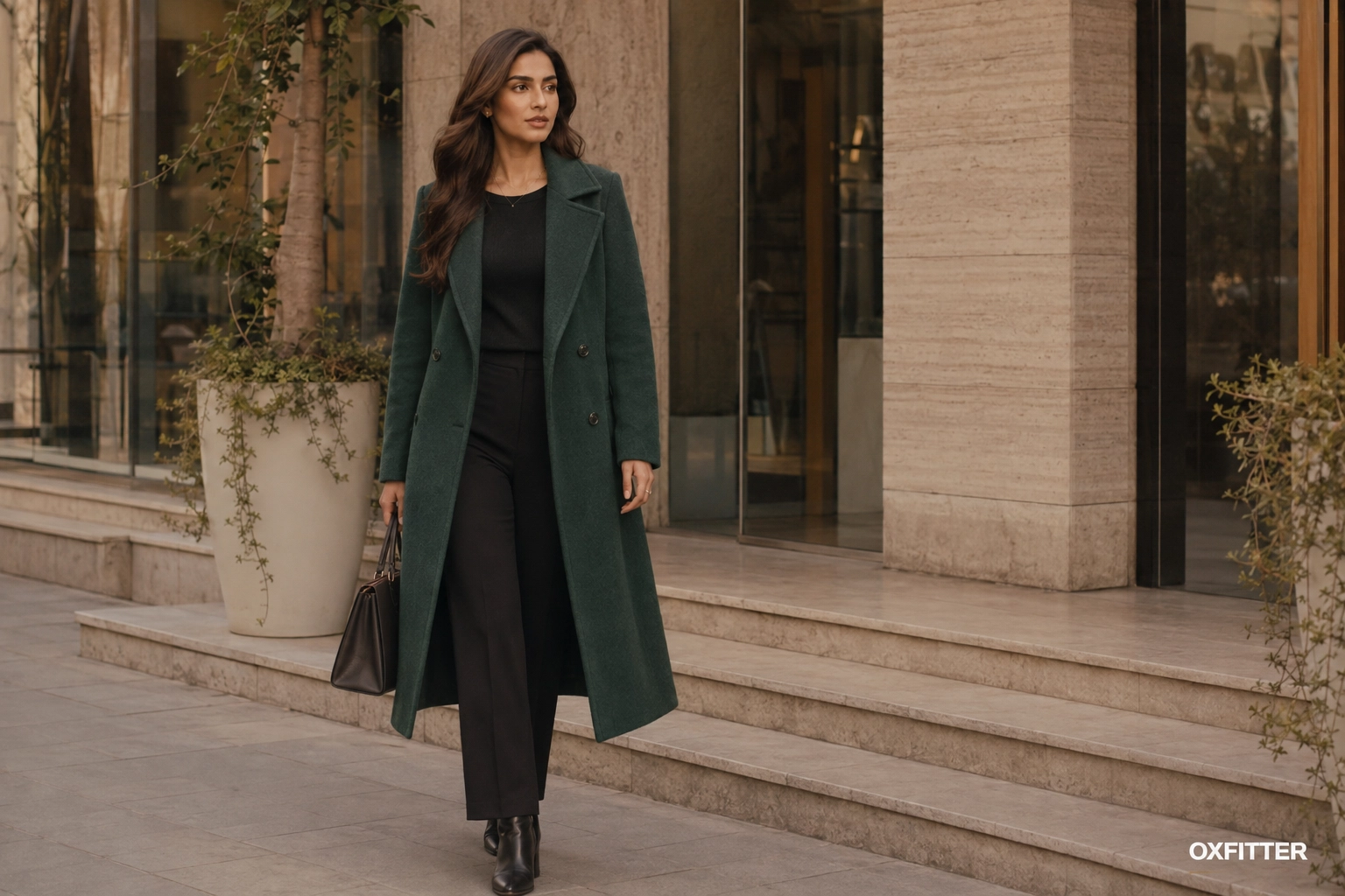 Woman styling a forest green long coat for an office outfit in Lahore