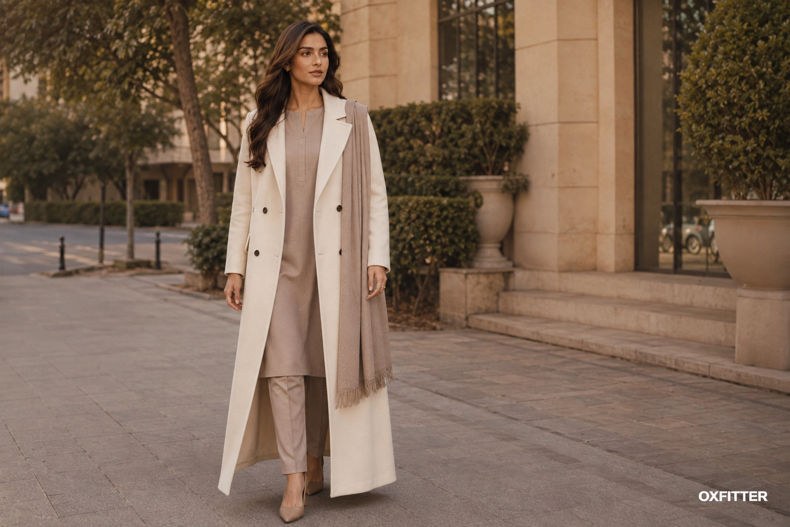 Pakistani woman wearing an ivory long coat over a neutral shalwar kameez