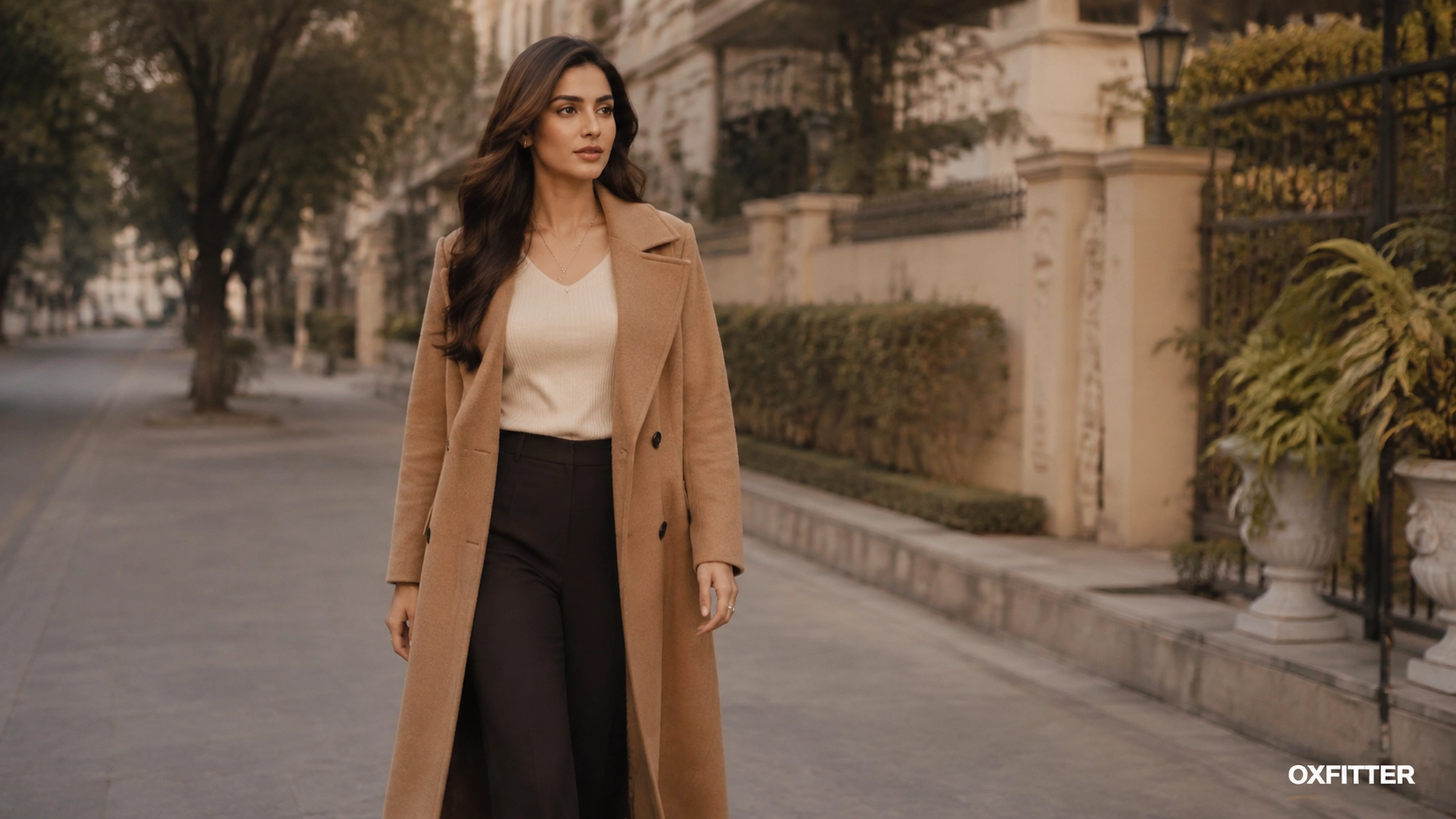 Pakistani woman styling a camel long coat for winter in Lahore
