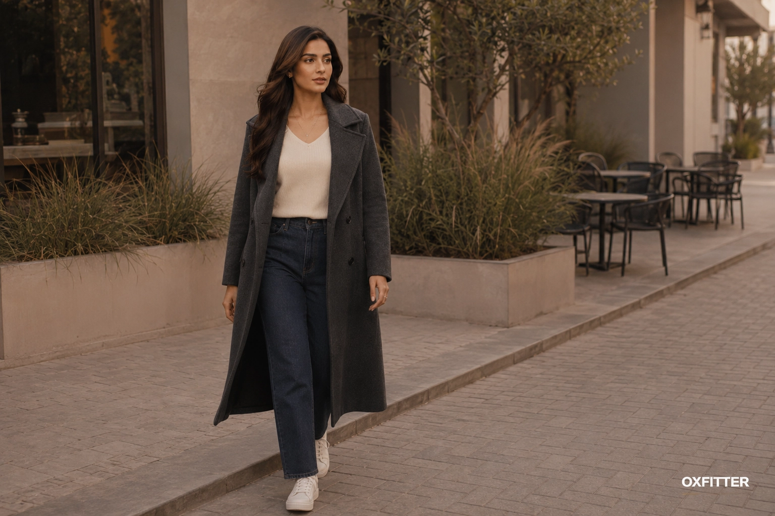 Woman wearing a charcoal long coat with denim and sneakers in Lahore