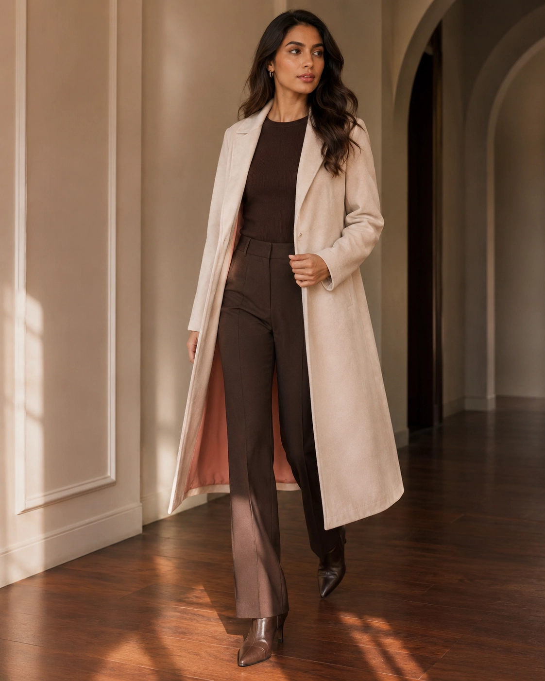ZARA Blush Beige Suede-Touch Open-Front Long Coat