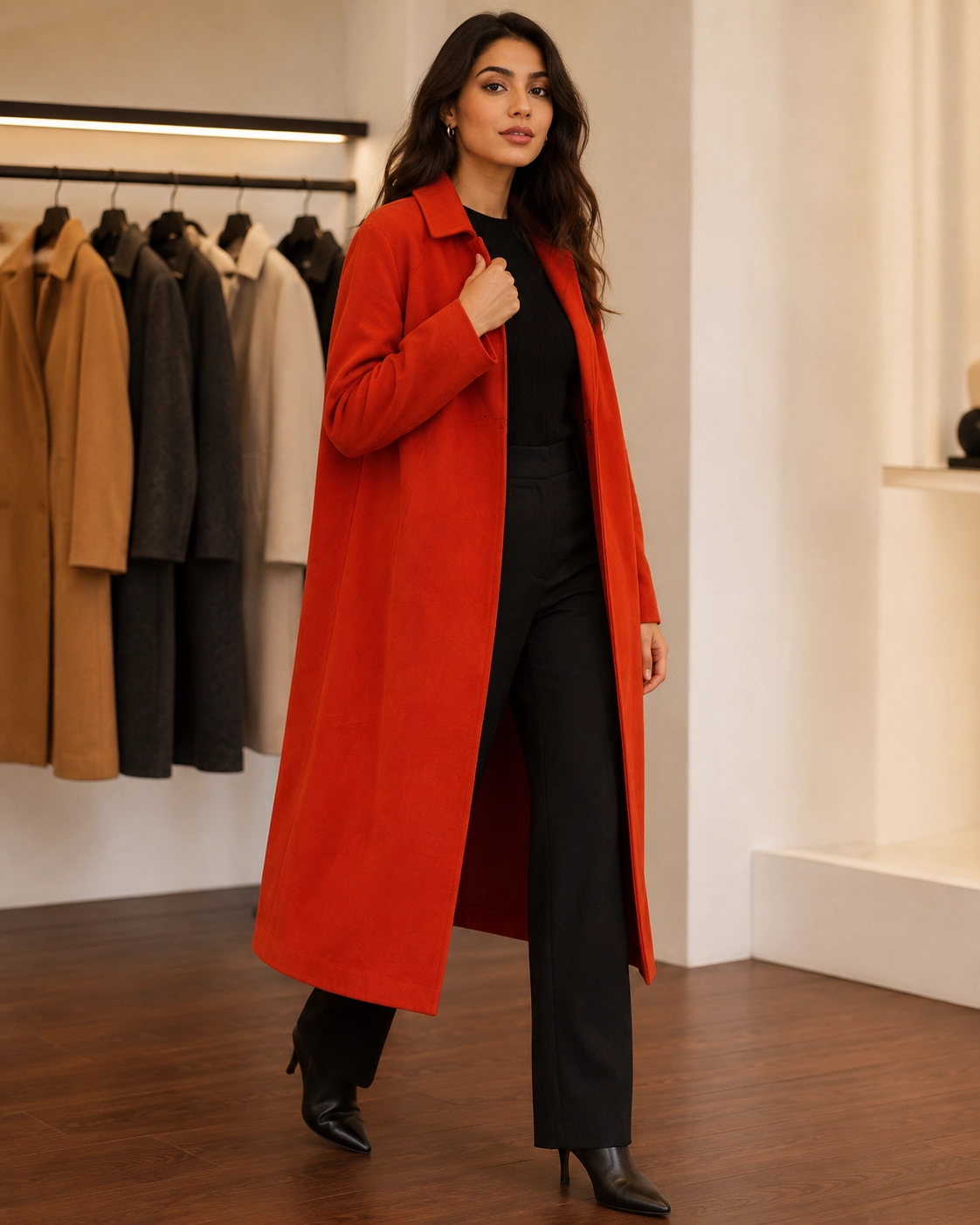 ZARA Vermilion Suede-Touch Open-Front Long Coat