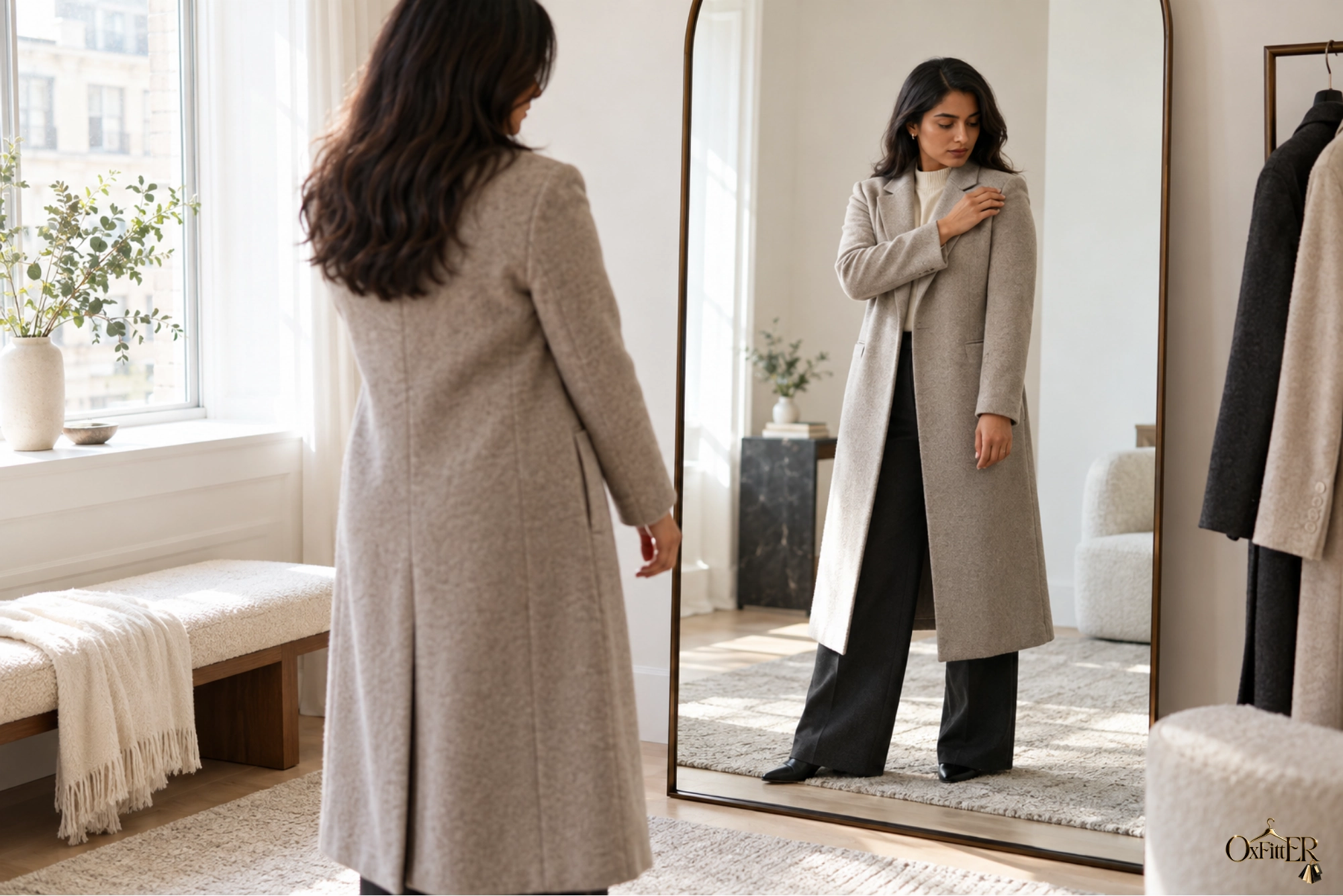 Woman checking the shoulder and sleeve fit of a long winter coat