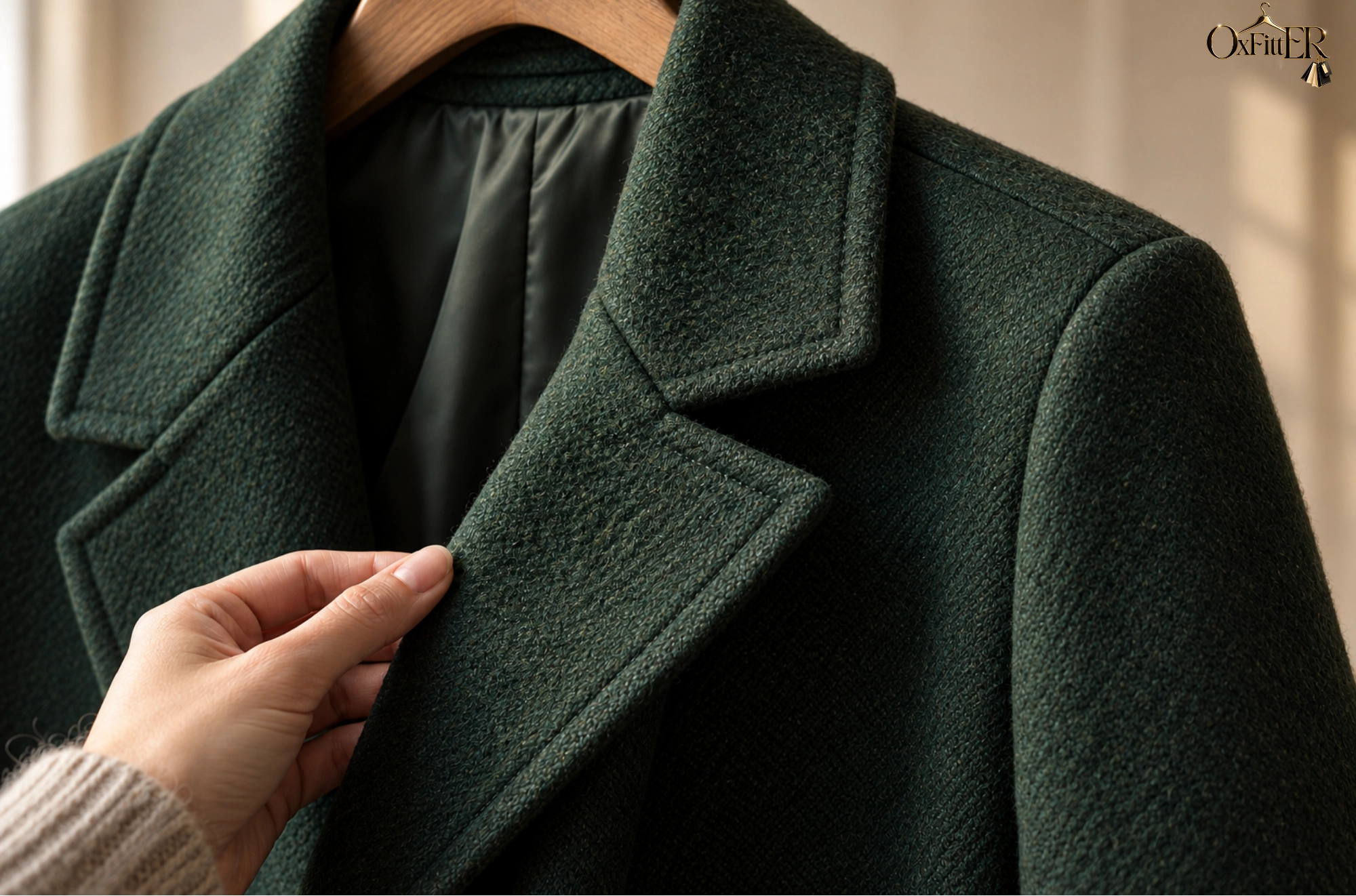 Close-up of a green coat lapel and woven fabric texture