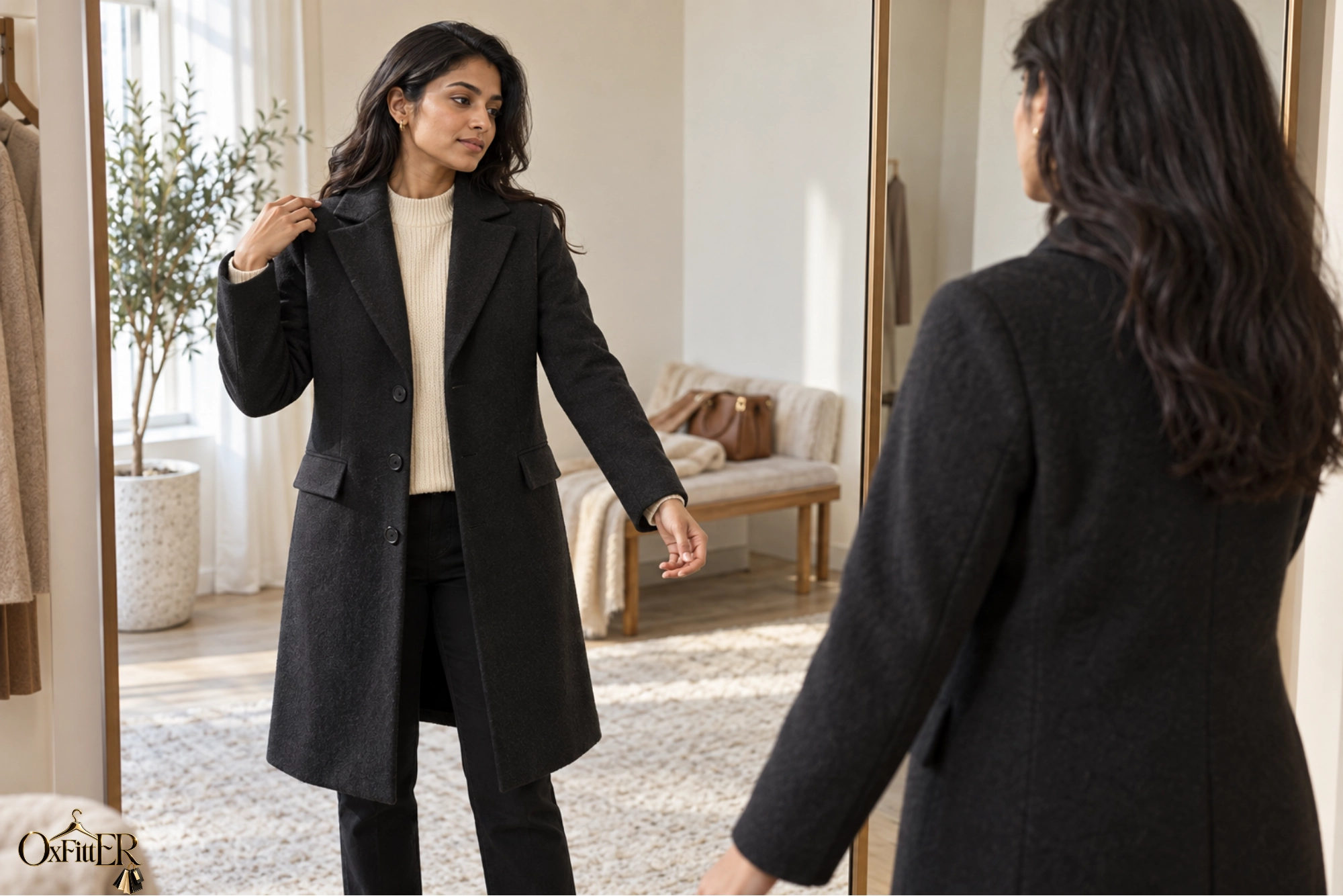Woman checking the shoulder and sleeve fit of a tailored winter coat
